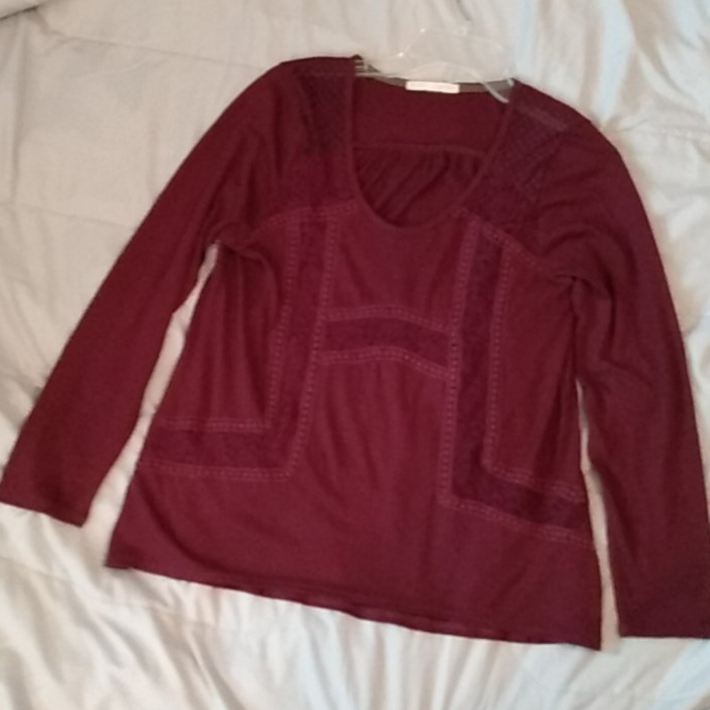 bohoish long sleeve maroon shirt with lace pieces